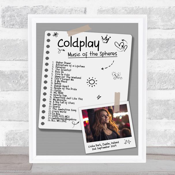 Coldplay - Concert Setlist Gig Poster Print Canvas Doodle Photo Grey - Croke Park Dublin Ireland - Sept 2nd 2024