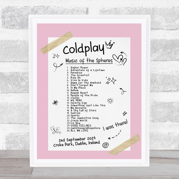 Coldplay - Concert Setlist Gig Poster Print Canvas Pink Doodle - Croke Park Dublin Ireland - Sept 2nd 2024