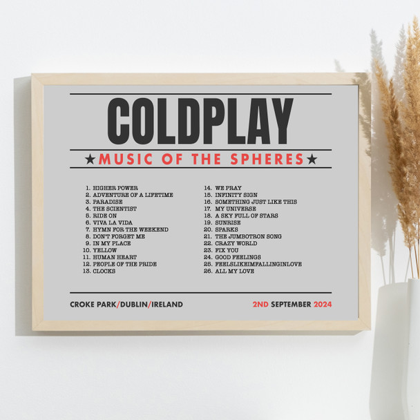 Coldplay - Concert Setlist Gig Poster Print Canvas Grey Landscape - Croke Park Dublin Ireland - Sept 2nd 2024