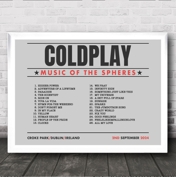 Coldplay - Concert Setlist Gig Poster Print Canvas Grey Landscape - Croke Park Dublin Ireland - Sept 2nd 2024