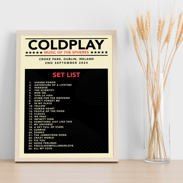 Coldplay - Concert Setlist Gig Poster Print Canvas Mustard Black - Croke Park Dublin Ireland - Sept 2nd 2024