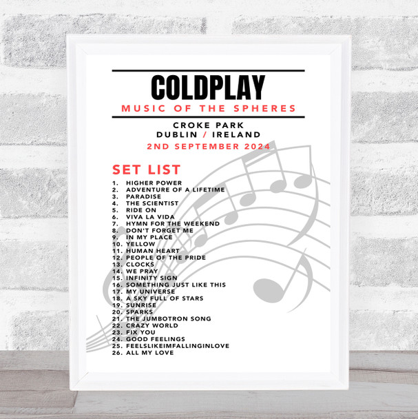 Coldplay - Concert Setlist Gig Poster Print Canvas Music Notes - Croke Park Dublin Ireland - Sept 2nd 2024
