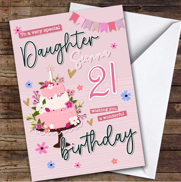 Personalised Daughter 21st Birthday Card Pink Birthday Card Cake