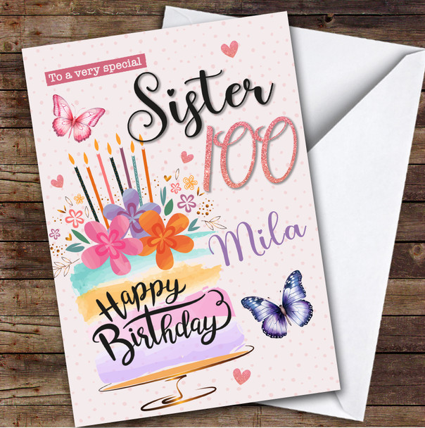 Personalised Sister 100th Birthday Card Cake