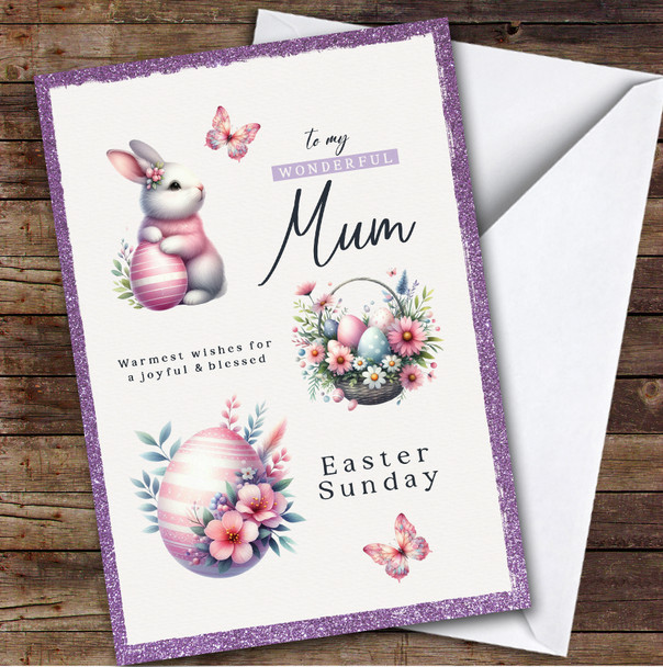 Personalised Easter Card For Mum Pink Bunny Eggs