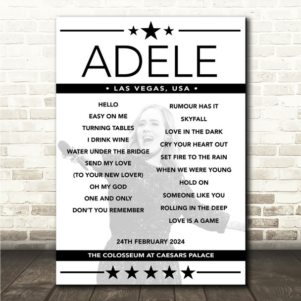 Adele - Concert Setlist Poster Print Canvas - The Colosseum - Caesars Palace, Las Vegas, NV, USA - February 24th 2024