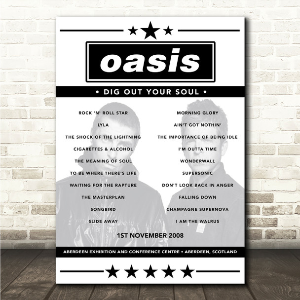 Oasis - Concert Setlist Poster Print Canvas - Aberdeen Exhibition and Conference Centre, Aberdeen, Scotland - November 1st 2008