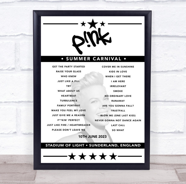 P!nk - Concert Setlist Poster Print Canvas - Stadium of Light, Sunderland, England - June 10th 2023 P!nk - Concert Setlist Poster Print Canvas - Stadium of Light, Sunderland, England - June 10th 2023
