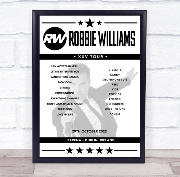 Robbie Williams - Concert Setlist Poster Print Canvas - 3Arena, Dublin, Ireland - 29th October 2022
