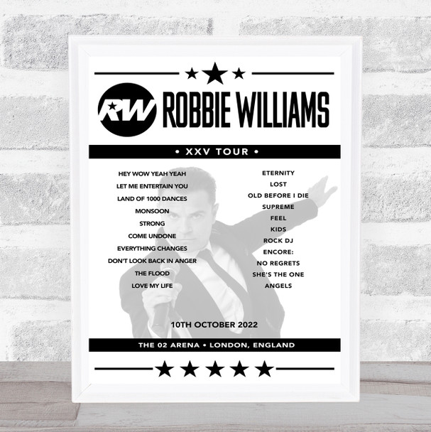 Robbie Williams - Concert Setlist Poster Print Canvas - The O2 Arena, London, England - 10th October 2022