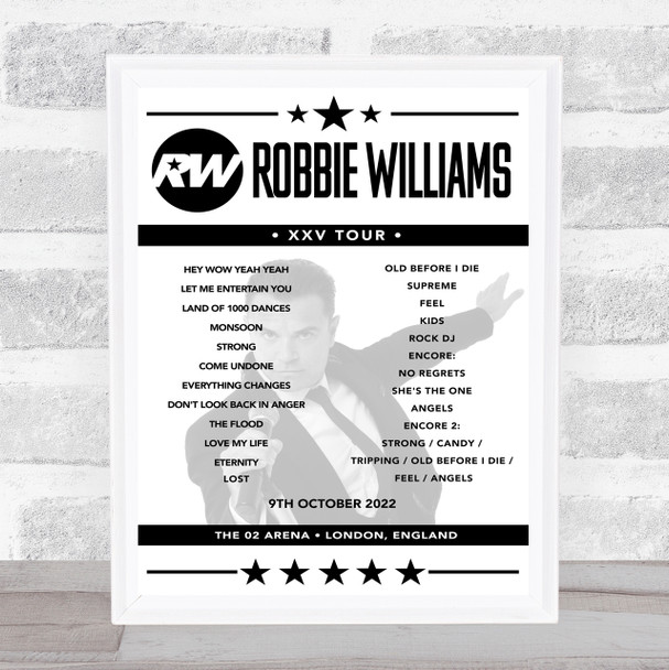 Robbie Williams - Concert Setlist Poster Print Canvas - The O2 Arena, London, England - 9th October 2022
