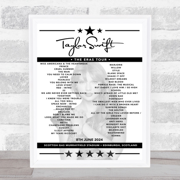 Taylor Swift - Concert Setlist Poster Print Canvas - Scottish Gas Murrayfield Stadium, Edinburgh, Scotland - June 8th 2024