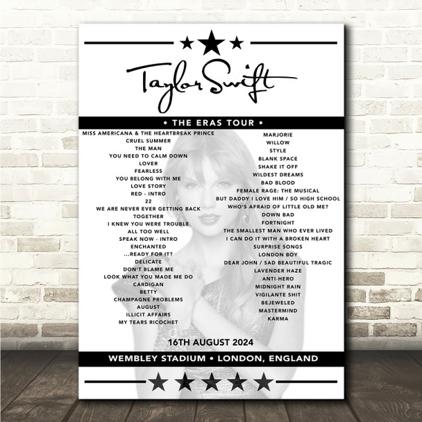 Taylor Swift - Concert Setlist Poster Print Canvas - Wembley Stadium, London, England - August 16th 2024