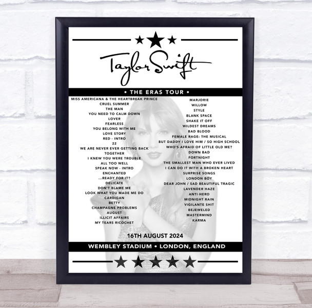 Taylor Swift - Concert Setlist Poster Print Canvas - Wembley Stadium, London, England - August 16th 2024