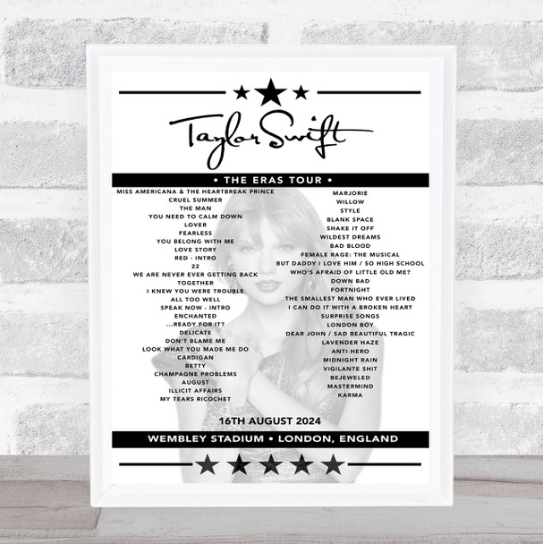 Taylor Swift - Concert Setlist Poster Print Canvas - Wembley Stadium, London, England - August 16th 2024