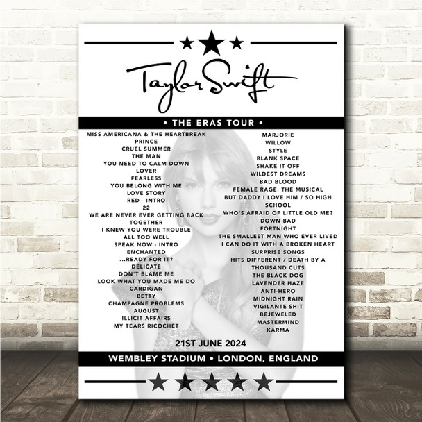 Taylor Swift - Concert Setlist Poster Print Canvas - Wembley Stadium, London, England - June 21st 2024