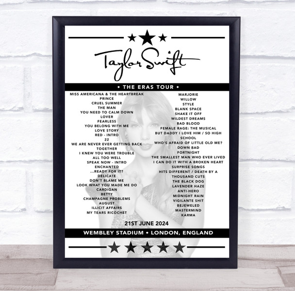 Taylor Swift - Concert Setlist Poster Print Canvas - Wembley Stadium, London, England - June 21st 2024
