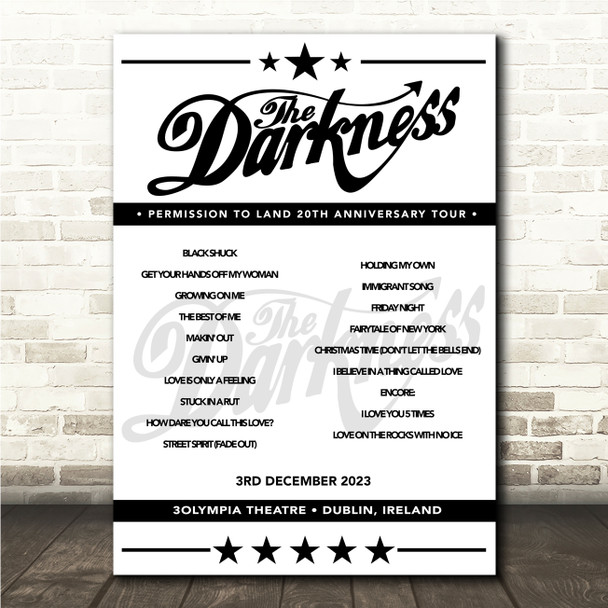 The Darkness - Concert Setlist Poster Print Canvas - 3Olympia Theatre, Dublin, Ireland - 3rd December 2023