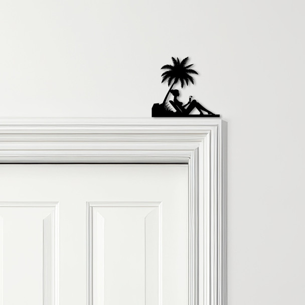 Door Topper Woman Relaxing Palm Tree Beach Cocktail Various Colours Decor Sign