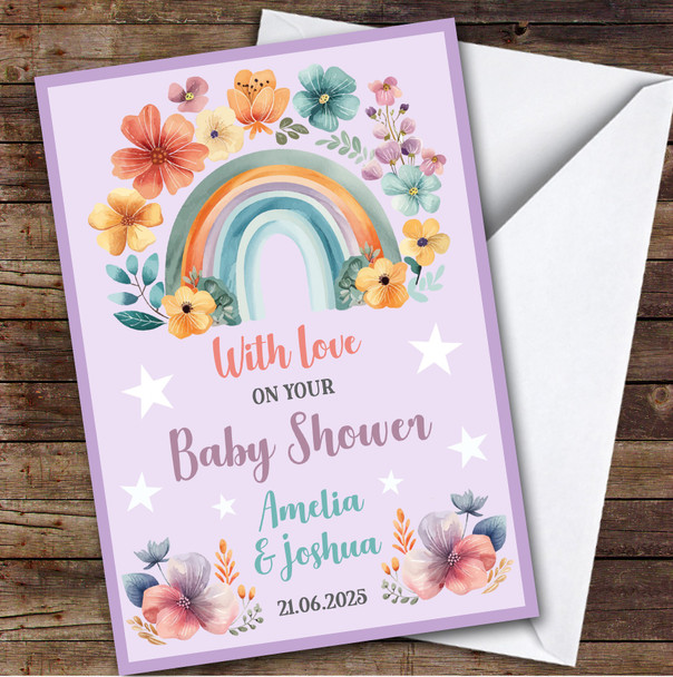 Personalised Baby Shower Card For Anyone Rainbow Flowers