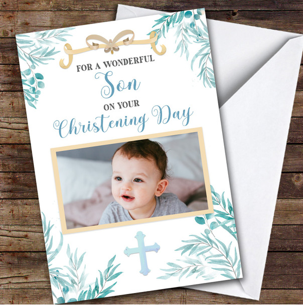 Personalised Christening Day Card For Son Photo Foliage Blue