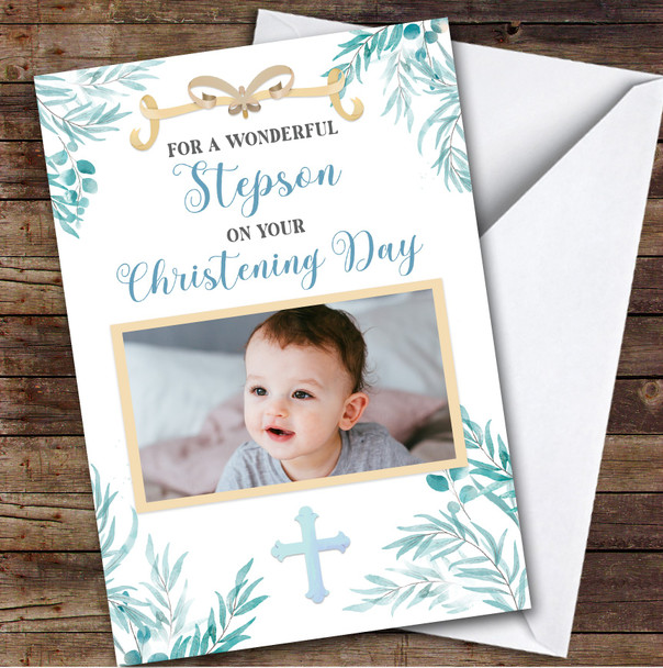 Personalised Christening Day Card For Stepson Photo Foliage Blue