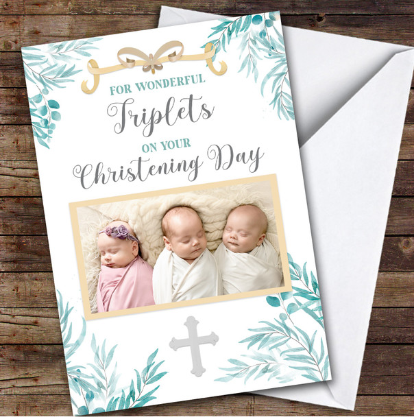 Personalised Christening Day Card For Triplets Photo Foliage Blue