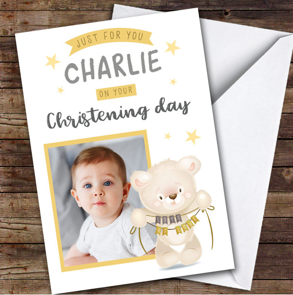 Personalised Christening Day Card For Anyone Photo Bear Yellow