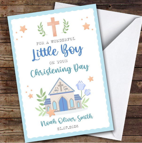Personalised Christening Day Card For Boy Church Blue
