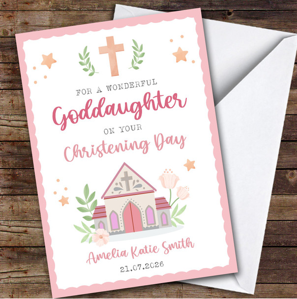 Personalised Christening Day Card For Goddaughter Church Pink