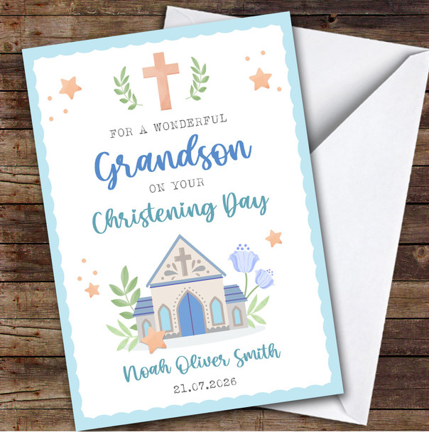 Personalised Christening Day Card For Grandson Church Blue