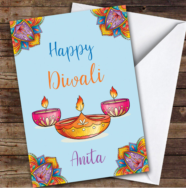 Personalised Diwali Card For Anyone Candles Blue