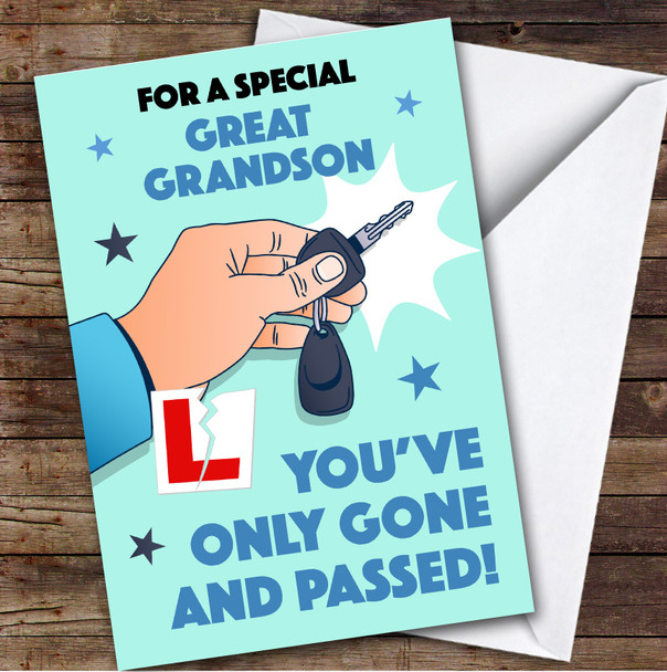 Personalised Passed Driving Test Card For Great Grandson Car Key Blue