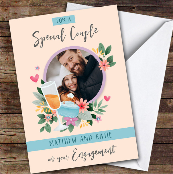 Personalised Engagement Card For Couple Photo Ring Flowers Flute