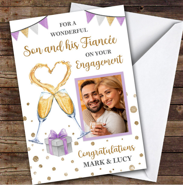 Personalised Engagement Card For Son And His Fiancee Photo Champagne Flutes
