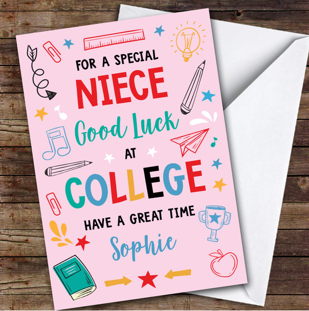 Personalised Off To College Card For Niece Bright Doodle Pink
