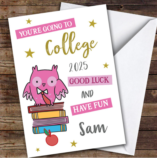 Personalised Off To College Card For Open Pink Owl