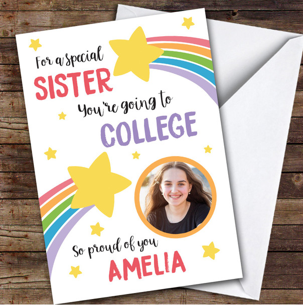 Personalised Off To College Card For Sister Photo Rainbow Star