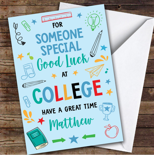 Personalised Off To College Card For Someone Special Bright Doodle Blue