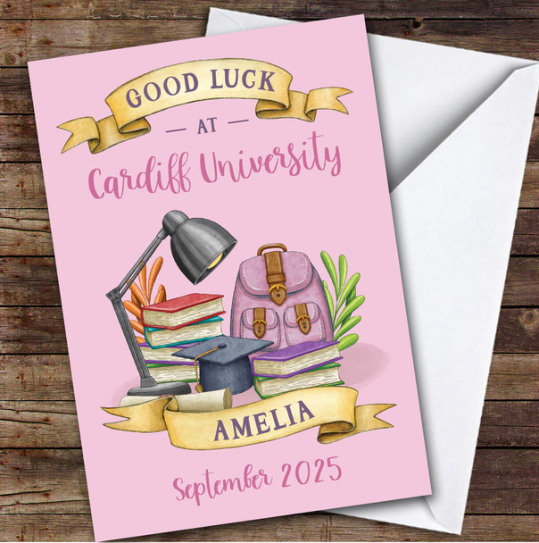 Personalised Off To University Card For Anyone Pink Book Backpack