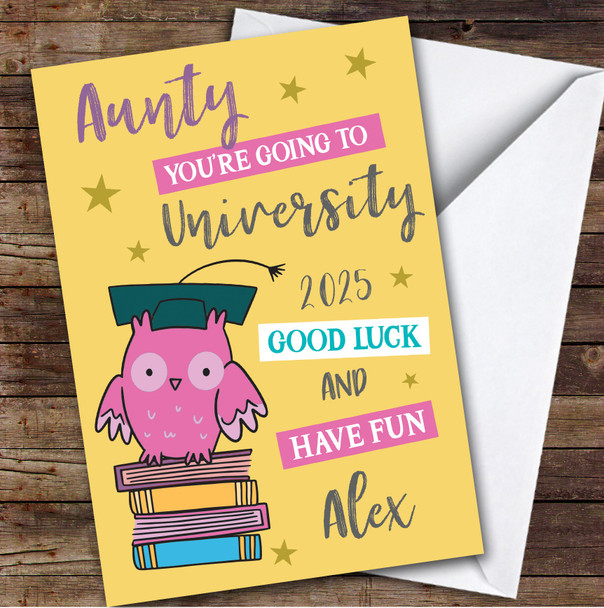 Personalised Off To University Card For Aunty Pink Owl