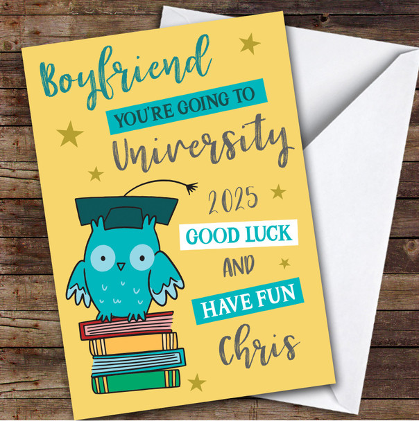 Personalised Off To University Card For Boyfriend Blue Owl