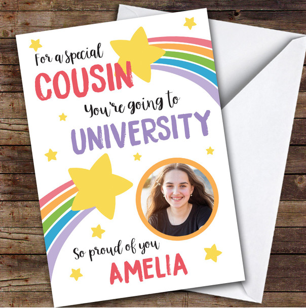 Personalised Off To University Card For Cousin Photo Rainbow Star