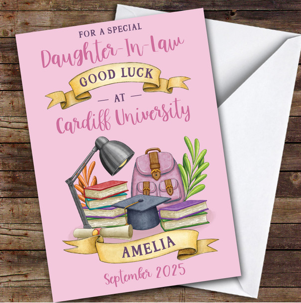 Personalised Off To University Card For Daughter-In-Law Pink Book Backpack