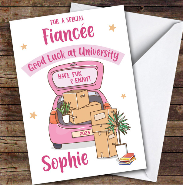 Personalised Off To University Card For Fiancee Pink Car Moving Boxes