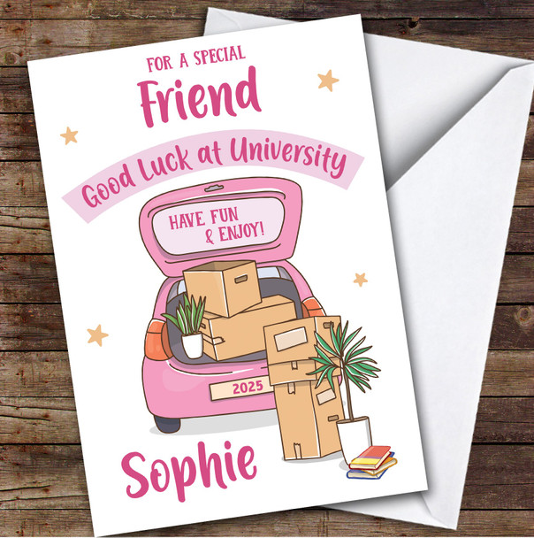 Personalised Off To University Card For Friend Pink Car Moving Boxes