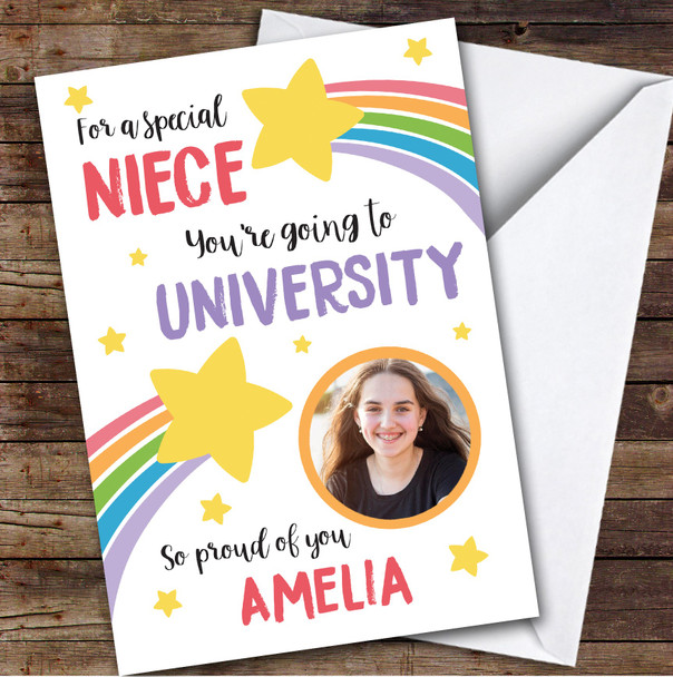 Personalised Off To University Card For Niece Photo Rainbow Star