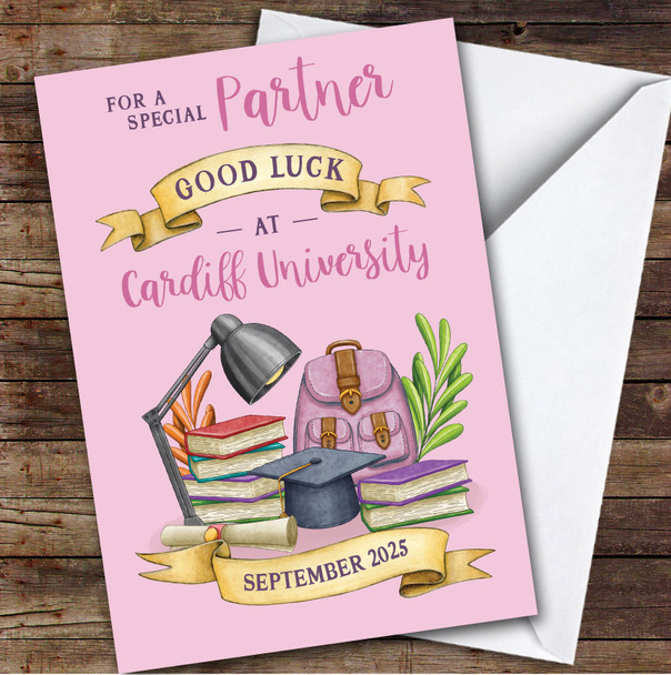 Personalised Off To University Card For Partner Pink Book Backpack