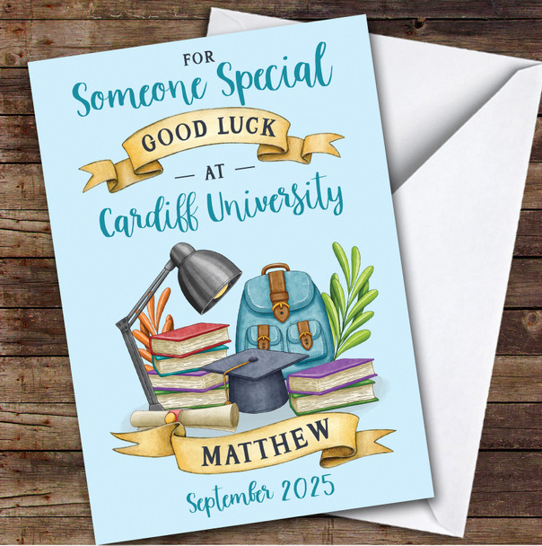 Personalised Off To University Card For Someone Special Blue Book Backpack