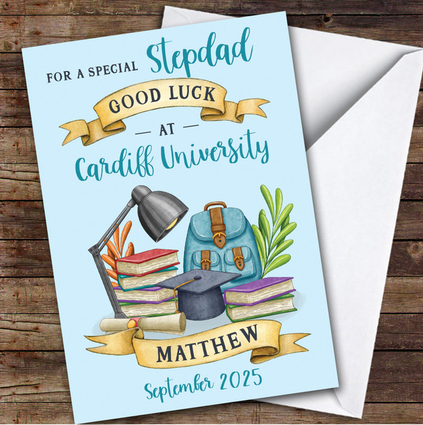 Personalised Off To University Card For Stepdad Blue Book Backpack